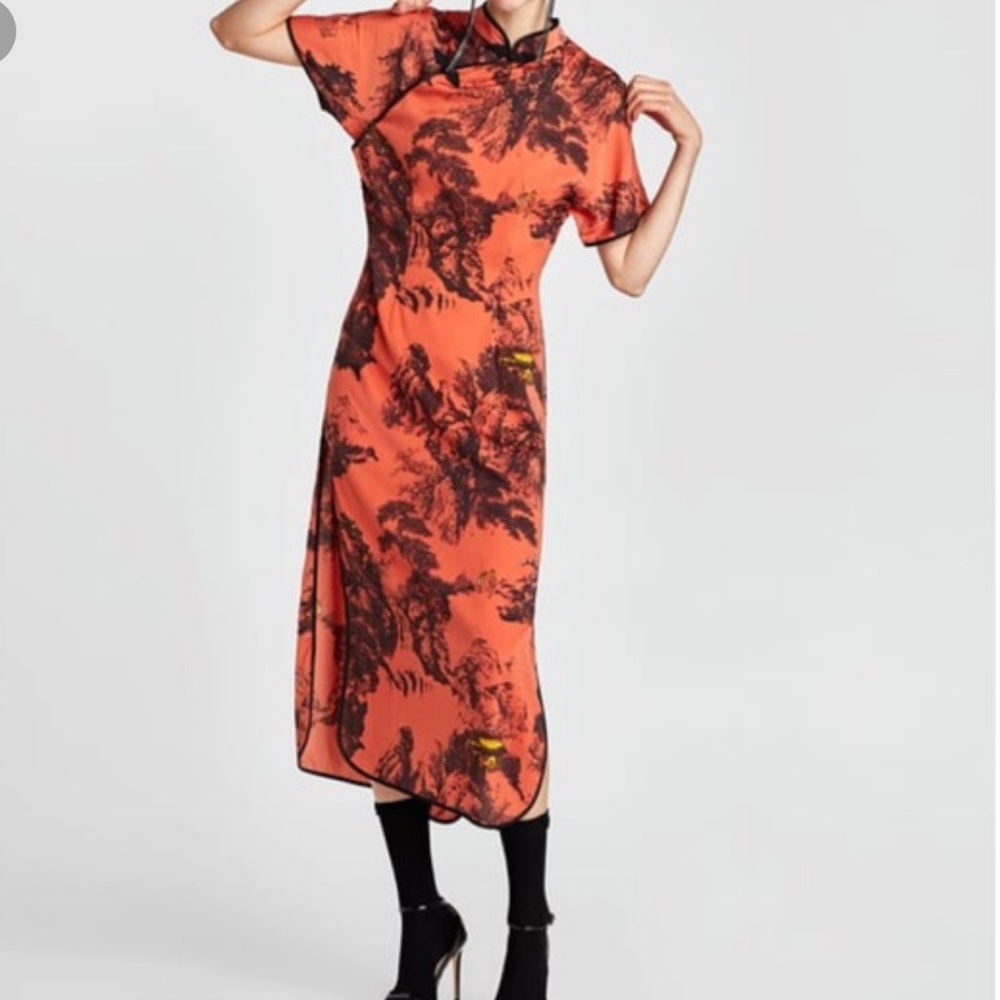 Zara Burnt Orange and Black Printed Midi Dress - Picture 2 of 8